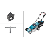 Rasenmäher mit seitlicher Ansicht und Zubehörteilen in einem quadratischen Layout dargestellt.