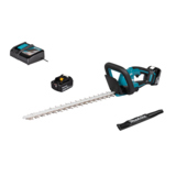 Makita Heckenschere DUH506 mit Akkupack, Ladegerät, Akku und Schlüssel auf weißem Hintergrund.