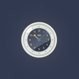 Runder Wecker mit dunklem Ziffernblatt, weißen Ziffern und gelben Zeigern auf blauem Hintergrund.