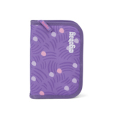 Lila Federmäppchen mit bunten Punkten und Reißverschluss, geschlossen.