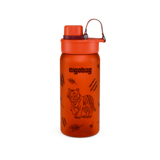 Orangefarbene Trinkflasche mit Tiger-Motiv und rotem Deckel.