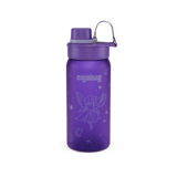 Lila Trinkflasche mit Fee-Aufdruck und Schraubverschluss zur Verwendung in Schultaschen.