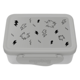 Graue Brotzeitdose mit schwarzem Gewitterdesign und Trennfächern für Lebensmittel.