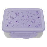 Violette Brotzeitdose mit Schmetterlingsmotiv und verschiedenen Mustern auf dem Deckel.