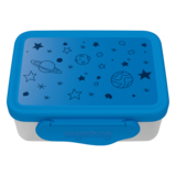 Blaue Brotzeitdose mit Sternen- und Planetendesign, ideal für Schule und Freizeit.