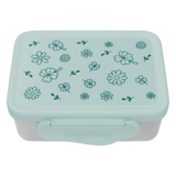 Mintgrüne Brotzeitdose mit Blumenmuster und ergonomischem Verschluss.