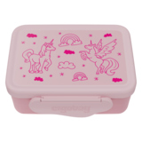 Rosa Brotzeitdose mit Einhorn-Motiv und Regenbogen, geeignet für Schule und Freizeit.