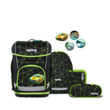 Schulranzen Set mit Ranzen, Sportbeutel und Federmäppchen in grün-schwarzem Design.