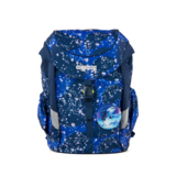 Blauer Kindergartenrucksack mit Wassertropfenmuster und einem Motiv einer Walflosse.