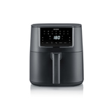 Heißluftfritteuse mit digitalem Display und Touch-Bedienung in schwarzem Gehäuse.