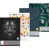 Vier Designs eines Zeichenblocks in A3 mit 100 Blättern, seitlich perforiert und Kartonrücken.