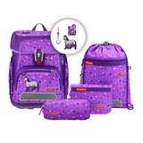 Lila Schulranzen mit Pferdemotiv, inklusive Turnbeutel und Zubehör.