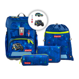 Schulranzen Set mit Ranzen, Sportbeutel und Federmäppchen in blauer Farbe mit Polizeimotiv.