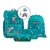 Schulranzen mit passendem Zubehör in türkisblauem Design mit Schildkrötenmotiven.