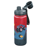 Rote Trinkflasche aus Edelstahl mit Motiven von Monstertrucks und einem schwarzen Deckel.