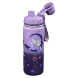Lila Edelstahl-Trinkflasche mit Einhorn-Motiv und Sternen, geeignet für kalte und heiße Getränke.
