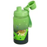 Grüne Trinkflasche mit Dino-Motiv und abnehmbaren Deckel, geeignet für Schule und Freizeit.