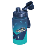 Blaue Trinkflasche aus Tritan mit Polizei-Motiv und Schutzhülle für den Deckel.