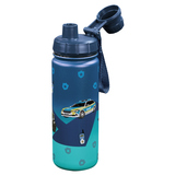 Edelstahl-Trinkflasche mit Polizei-Motiv und blauem Deckel, geeignet für heiße und kalte Getränke.