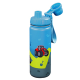 Blaue Trinkflasche aus Edelstahl mit Traktor-Motiv und Schraubverschluss.