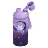Lila Trinkflasche aus Kunststoff mit Einhorn-Design und bunten Sternen.