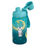 Grüne Trinkflasche mit Katzenmotiv und gestreiftem Design, geeignet für Schule und Freizeit.