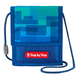 Blauer Brustbeutel mit geometrischem Muster und Halteschnur, mit rotem Markenlogo.