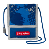 Blauer Brustbeutel mit Karabiner und Klarsichtfach für Ausweis und Geld.