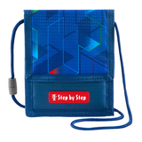 Brustbeutel in Blau mit geometrischem Design und rotem Markenlogo, mit Trageband.