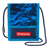 Blauer Brustbeutel mit Klarsichtfach und verstellbarem Umhängeband.