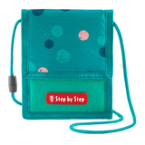 Brustbeutel in Türkis mit bunten Punkten und einem roten Logo, um den Hals tragbar.