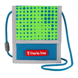 Brustbeutel in Grün und Blau mit Punktmuster und Trageriemen.