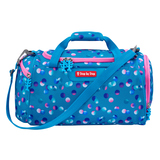 Blaue Sporttasche mit bunten Punkten, seitlichem Reißverschluss und abnehmbarem Schultergurt.