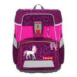 Neonpinkfarbener Sicherheitsüberzug für Schulranzen mit Einhornmotiv und Reflektorstreifen.