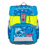 Neon-gelber Sicherheitsüberzug für Schulranzen mit bunten Punkten und reflektierenden Elementen.