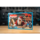Adventskalender mit Weihnachtsmann-Motiv und Makita-Logo auf blauer Verpackung.