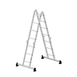 Multifunktionsleiter in einer stehenden Position mit zwei Stufen, stabil und aus Aluminium.