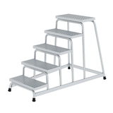 Stabile Podestleiter mit fünf Aluminium-Stufen und rutschfesten Kunststoffschuhen.