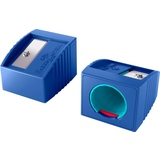 Blauer Faber-Castell Einzelspitzer mit Schneidschutz und Sicherheitsschraube, Produktansicht.