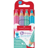 Buntstift-Set mit vier Pastellfarben in ergonomischer Form und dazugehörigem Spitzer.