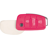 Weißer Radiergummi in pinker Schutzhülle, gestaltet wie ein Autoschlüssel mit Klappmechanik.