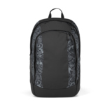 Schulrucksack in Schwarz mit grafischen Mustern auf der Vorderseite, Frontansicht.