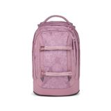 Rosa Schulrucksack mit floralen Mustern und zwei vorderen, verstellbaren Schnallen.