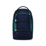 Blauer Schulrucksack mit grünen Akzenten und zwei Frontgurten.