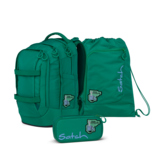Schulrucksack in Grün mit passendem Beutel und Federmäppchen im Bild.