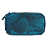 Schlampermäppchen mit Wellenmuster in Blau und Schwarz, Reißverschluss und Logo.