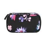 Schwarzes Schlampermäppchen mit floralem Design, außen strukturierte Oberfläche und Reißverschluss.