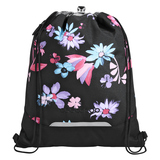 Schwarzer Sportbeutel mit buntem Floral-Muster und Kordelzugverschluss.