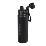 Edelstahl-Trinkflasche in Schwarz mit Drehverschluss und Handschlaufe für einfache Handhabung.