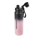 Edelstahl-Trinkflasche in Farbverlauf von Schwarz zu Rosa mit Drehverschluss und Handschlaufe.